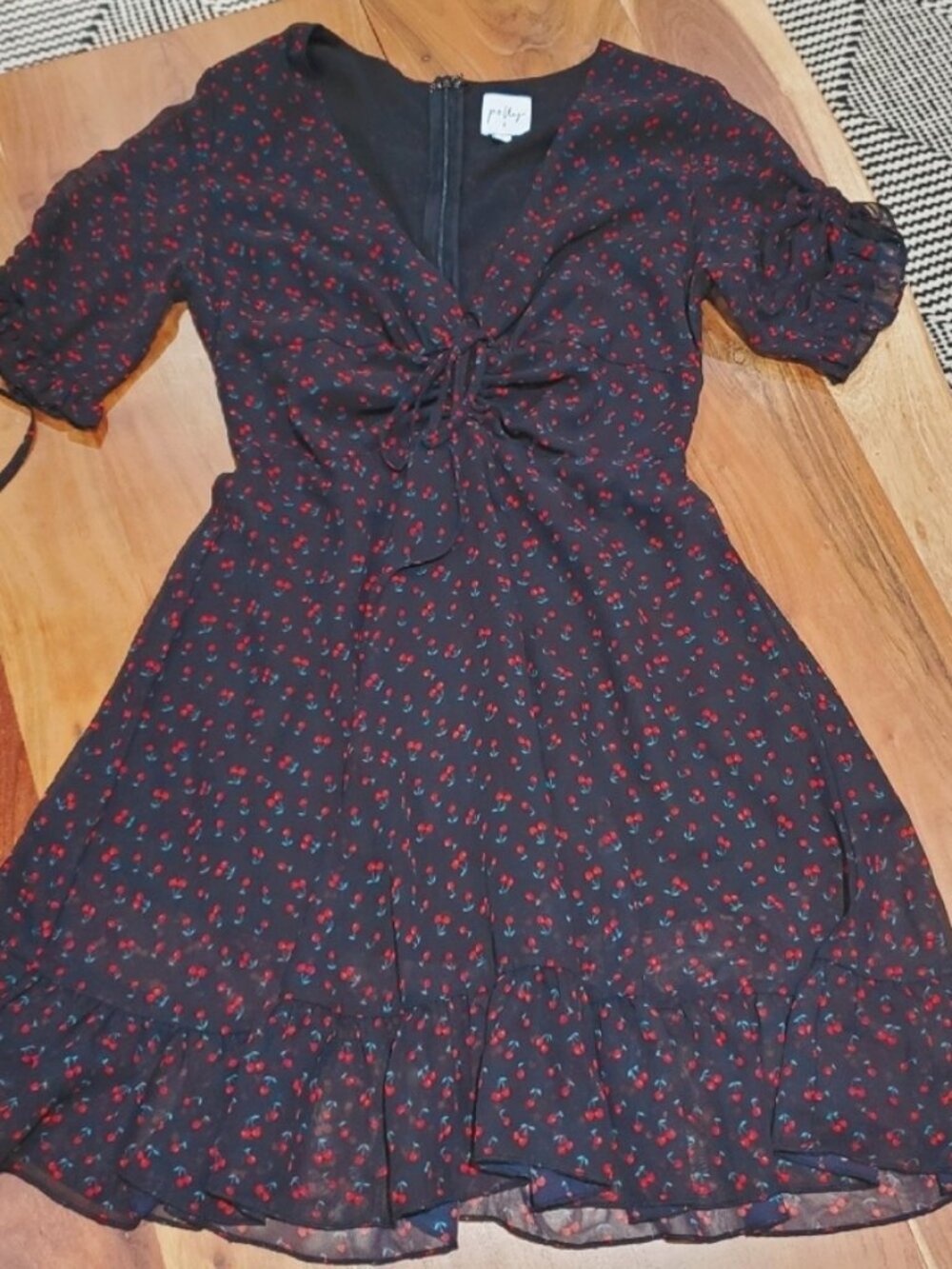 Princess Polly Semi Sheer Ruffled Black Cherry Print Dress Size 6 (XS-S fit)